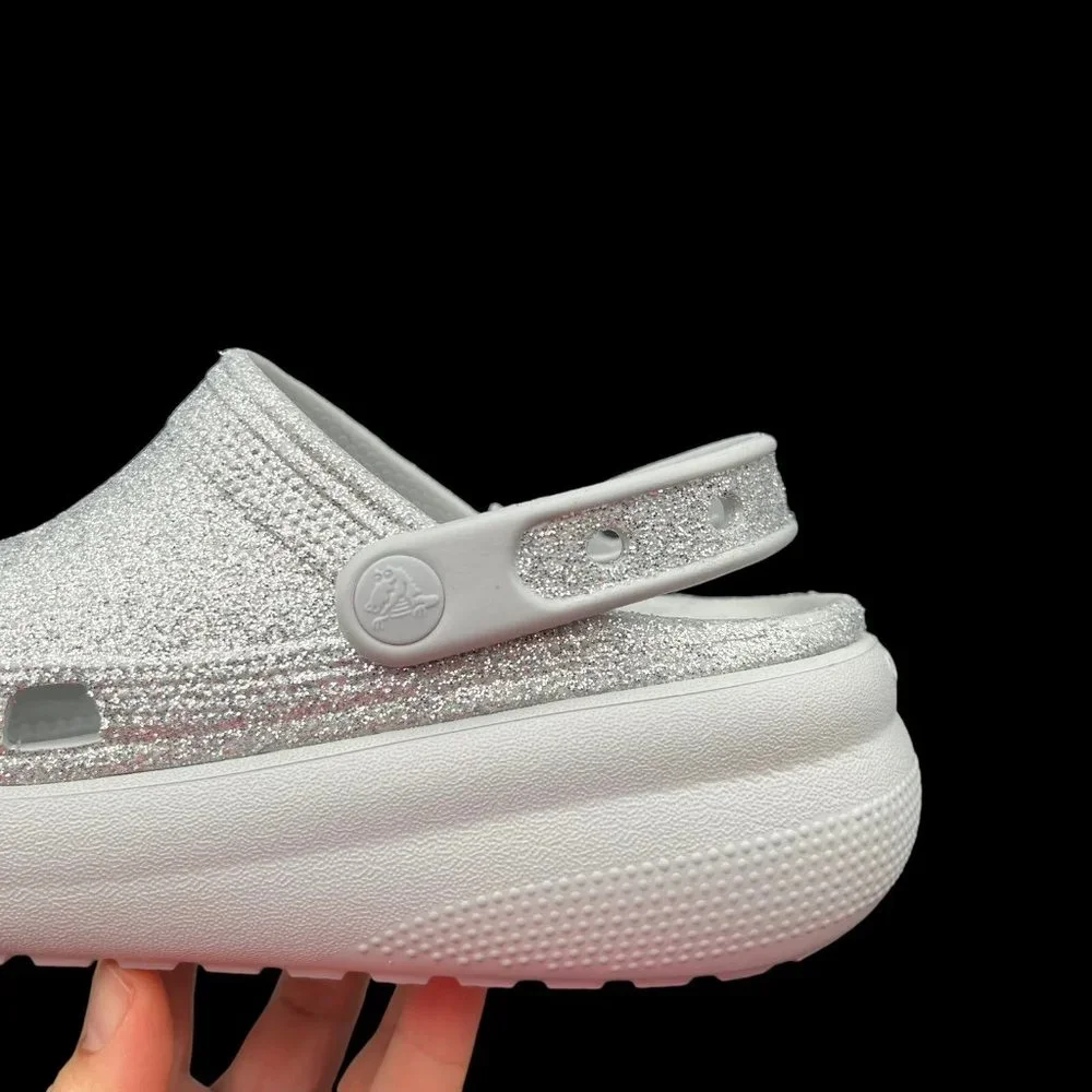 Crocs Youth Girls Platform Glitter Clog Size 2-3‎ Silver Slip-on Comfortable